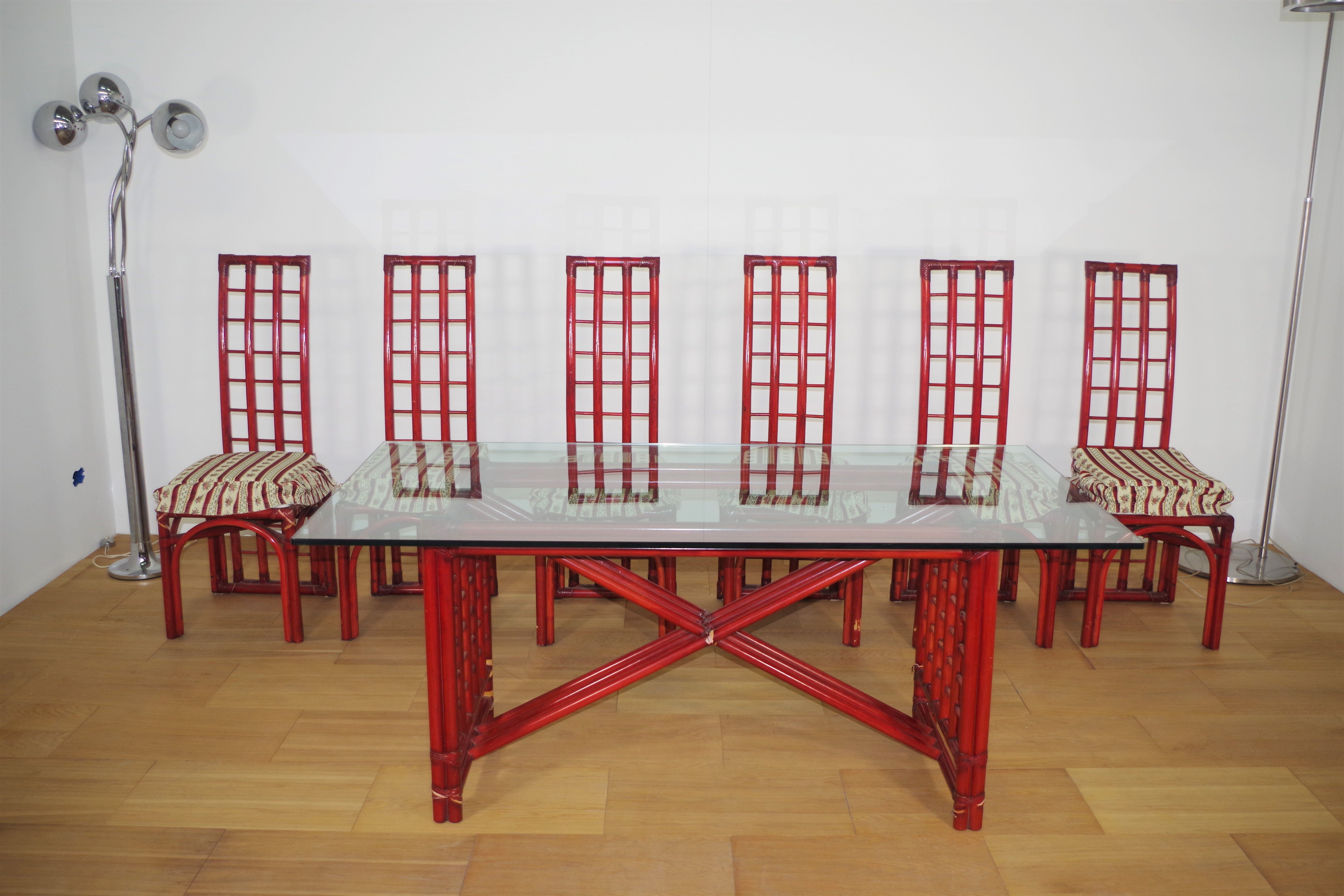 Red bamboo table by Arturo Pozzoli, 1980s, set of 7