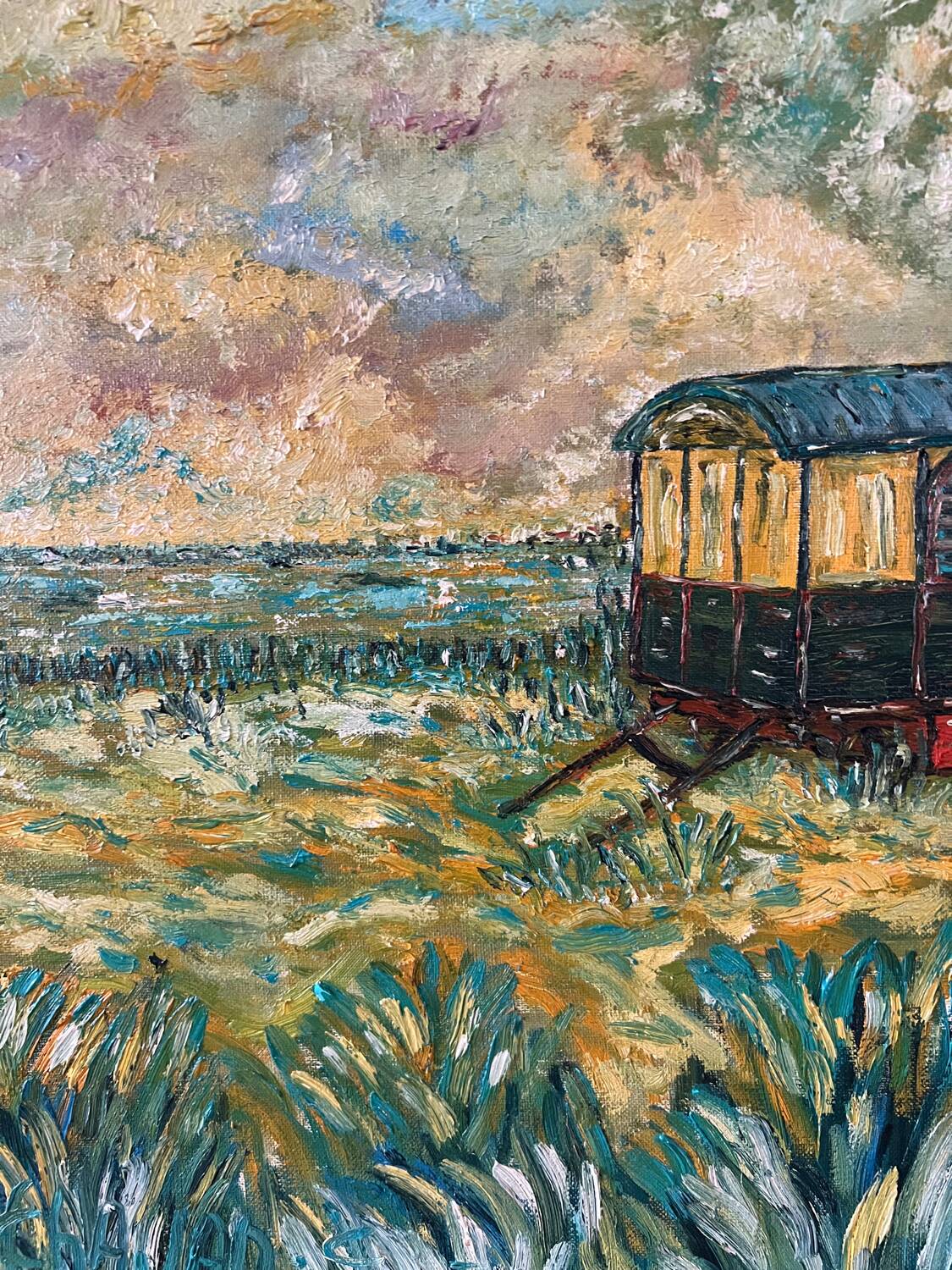 Canvas signed 20th century caravan with dedication on the back