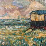 Canvas signed 20th century caravan with dedication on the back