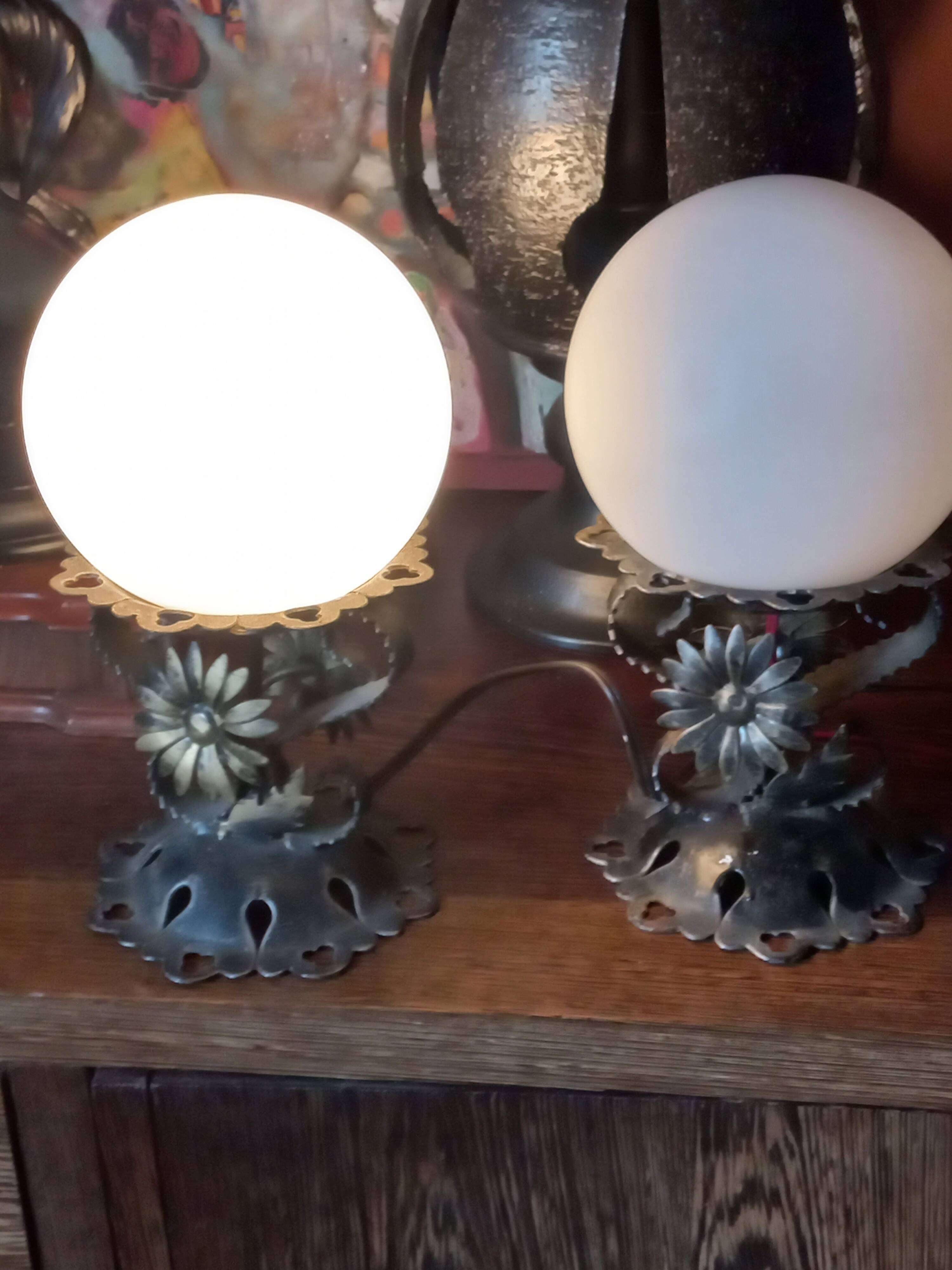 Pair of vintage wrought iron and opaline lamps from the 1960s.