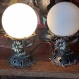 Pair of vintage wrought iron and opaline lamps from the 1960s.