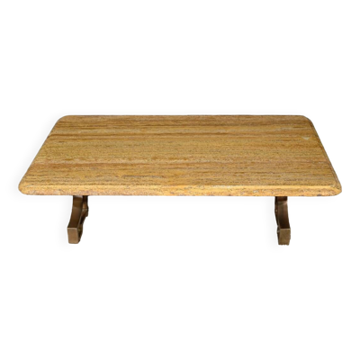 Table basse en laiton et travertin, époque Art Déco, 1930
