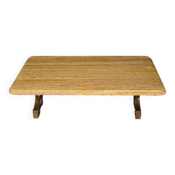 Table basse en laiton et travertin, époque Art Déco, 1930