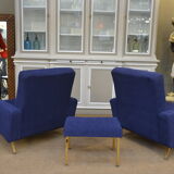 Pair of armchairs and ottoman vintage 1950 in blue velour and brass