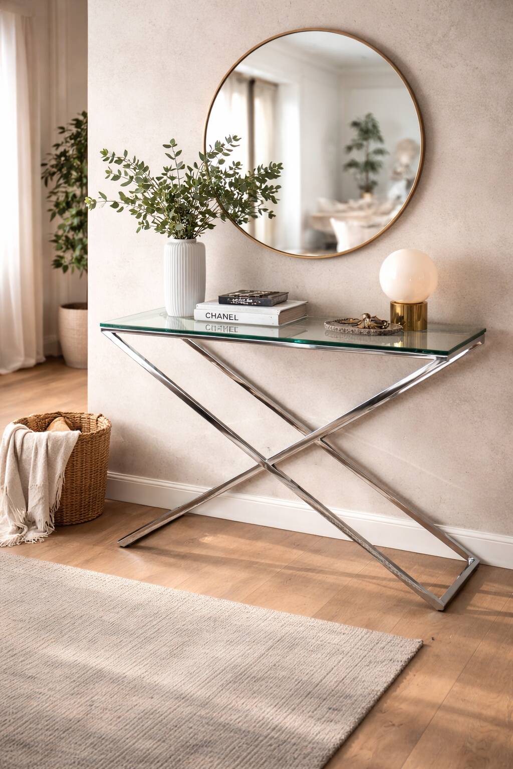 1990s-style Modern console table, chrome and glass, 120 cm