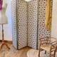 Antique 4-panel screen in pine, restored, "Grand Teint furniture" fabric.
