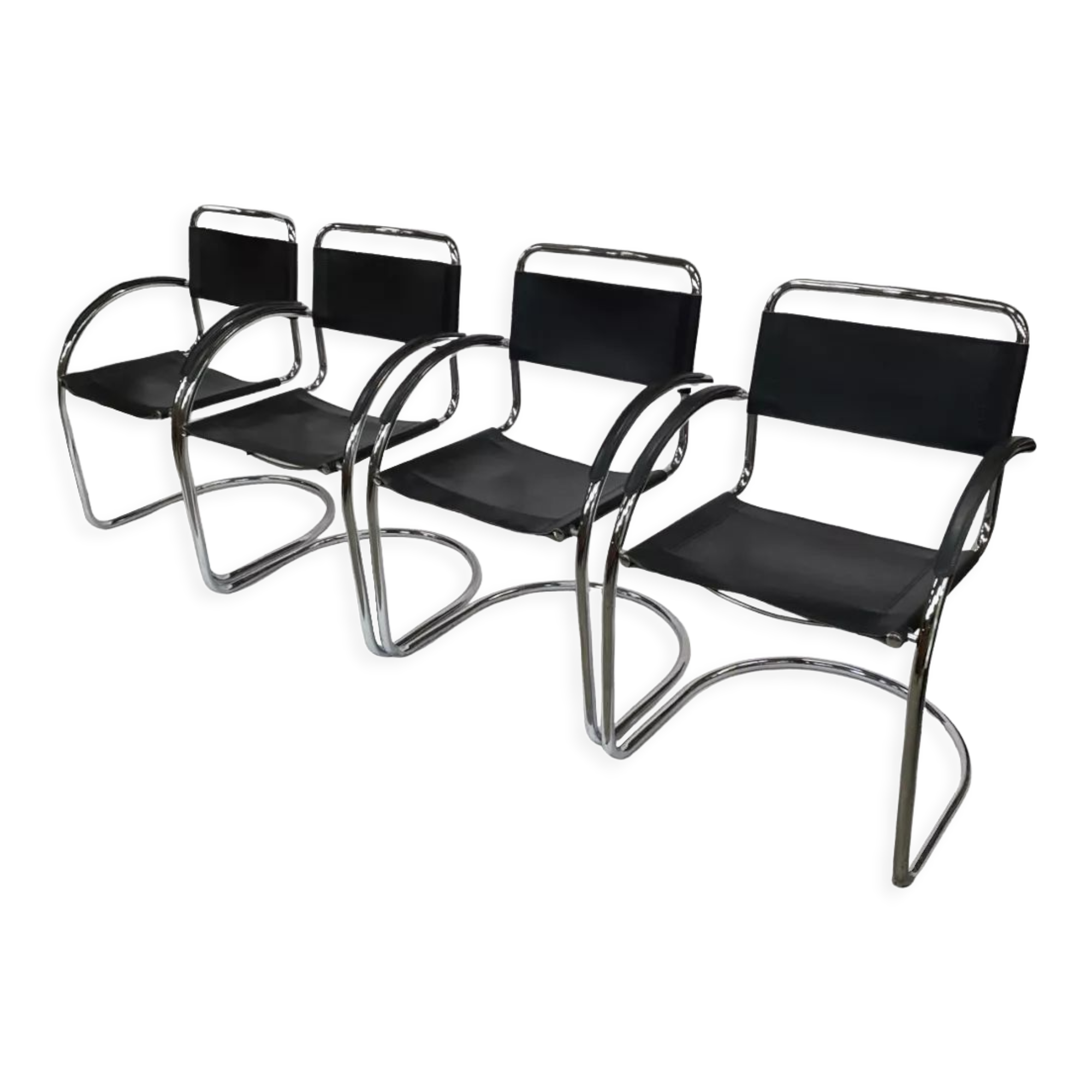 Set of 4 bauhaus cantilever chairs black leather and chrome design