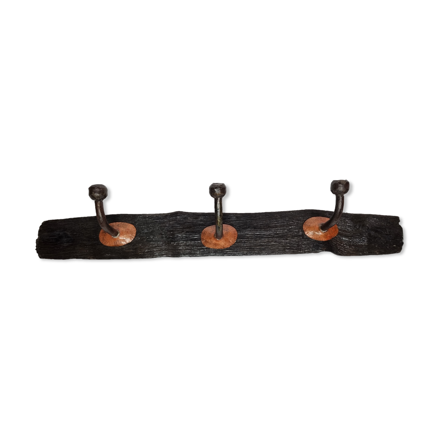 Handcrafted wall coat rack in driftwood, copper and forged steel, 3 hooks, 63 cm