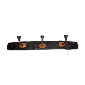Handcrafted wall coat rack in driftwood, copper and forged steel, 3 hooks, 63 cm