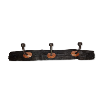 Handcrafted wall coat rack in driftwood, copper and forged steel, 3 hooks, 63 cm