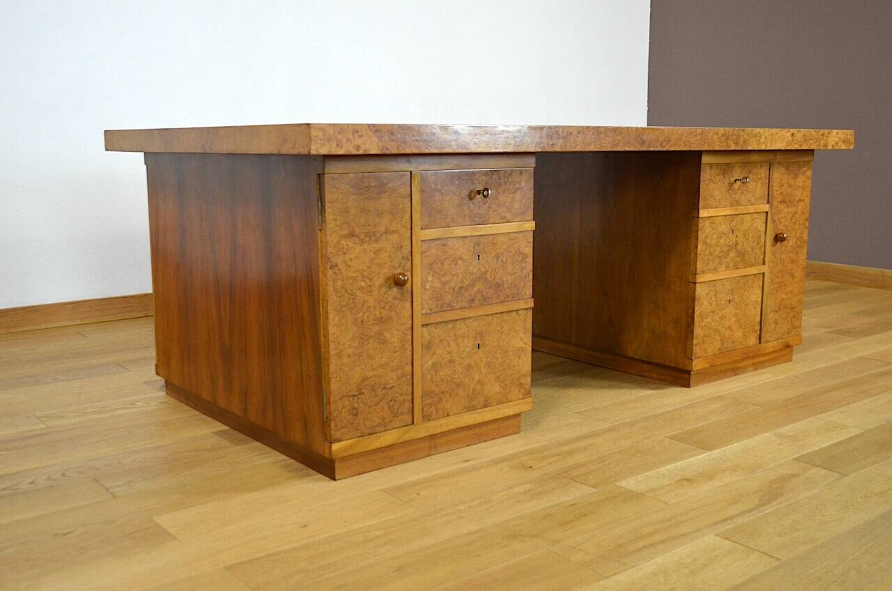 Art Deco Double-Sided Burr Walnut Desk 1950