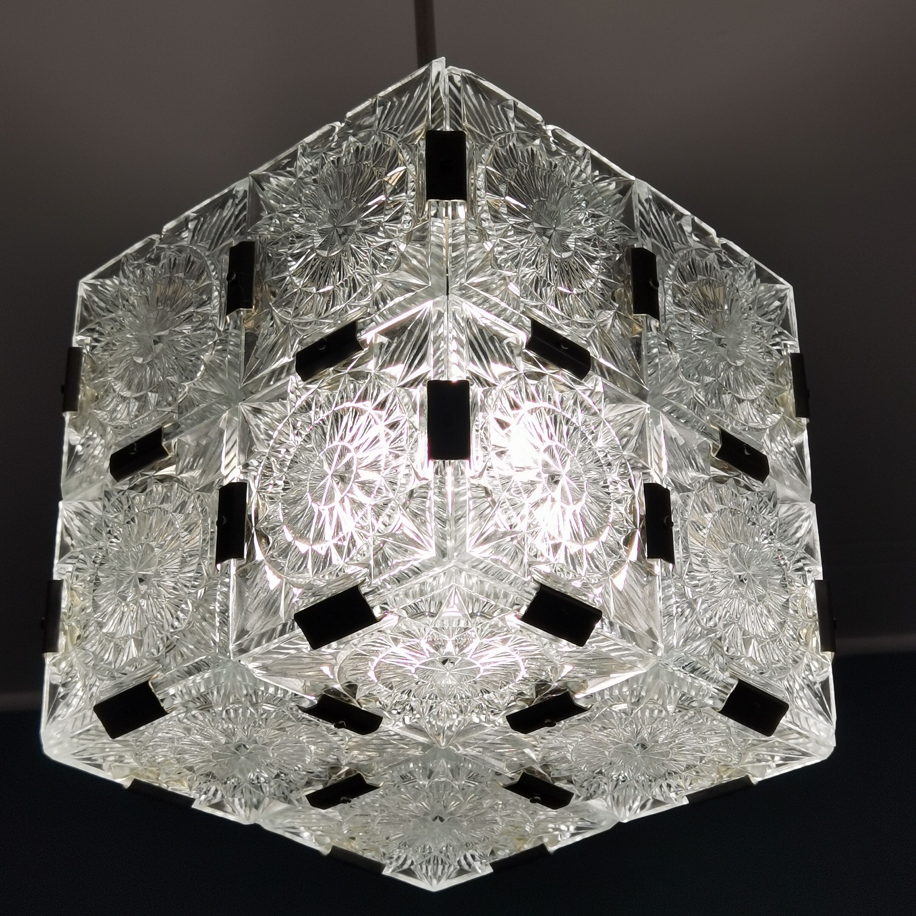 Glass faceted cube chandelier by Jaroslav Bejvl for Kamenicky Senov, year 1968