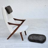 1960s, Scandinavian design, reupholstered armchair, furniture fabric, genuine sheepskin, teak.