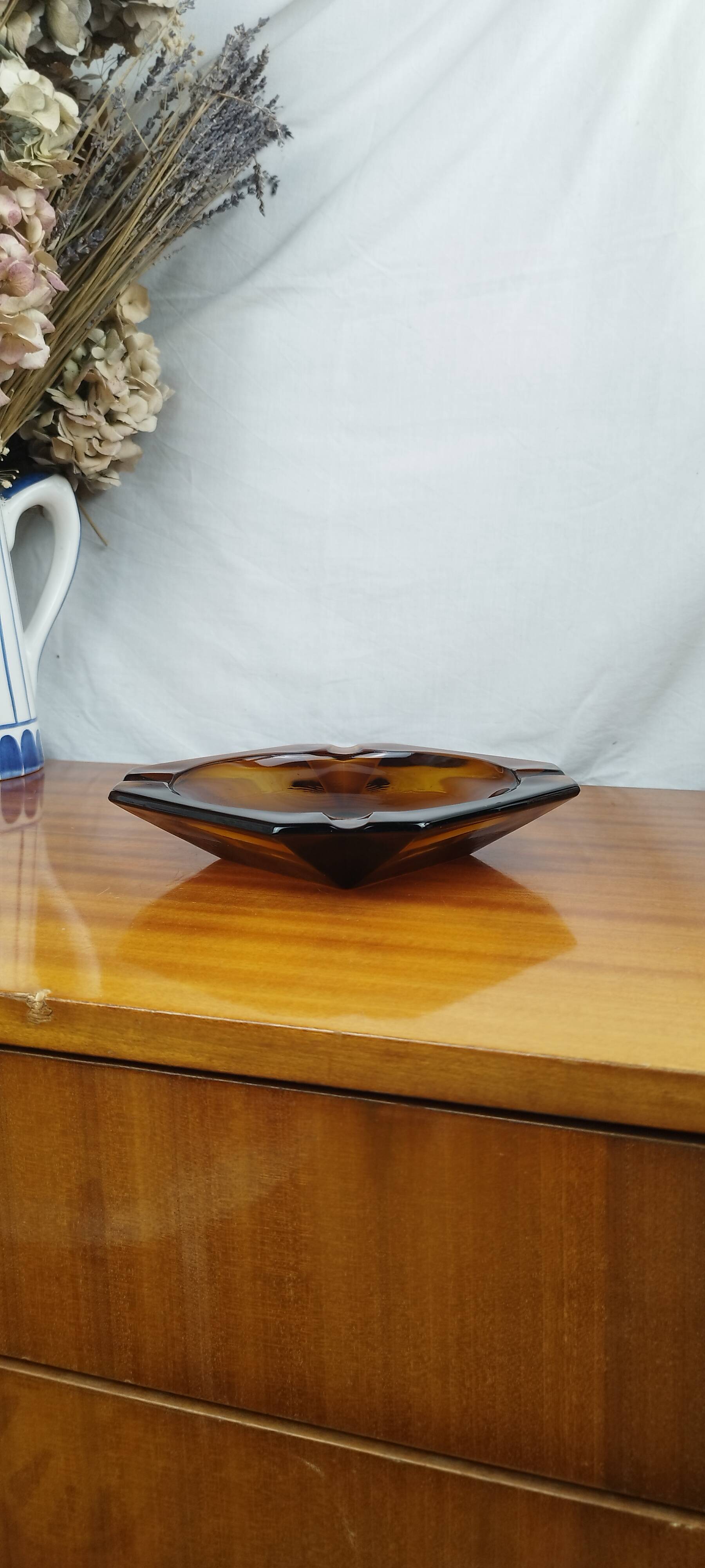 Large Geometric Amber Yellow Glass Ashtray Vintage Art Deco Style