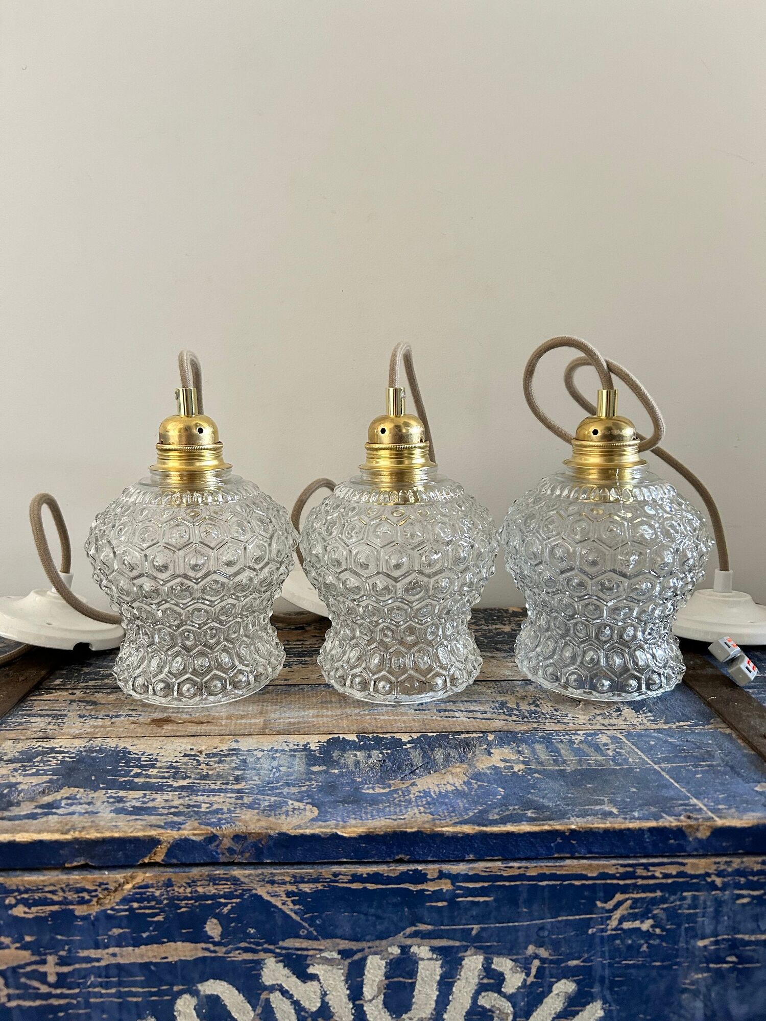 Set of three vintage pendant lamps in chiseled glass