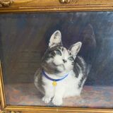 Animal painting cat minouche in gouache signed morris 1934 wooden frame