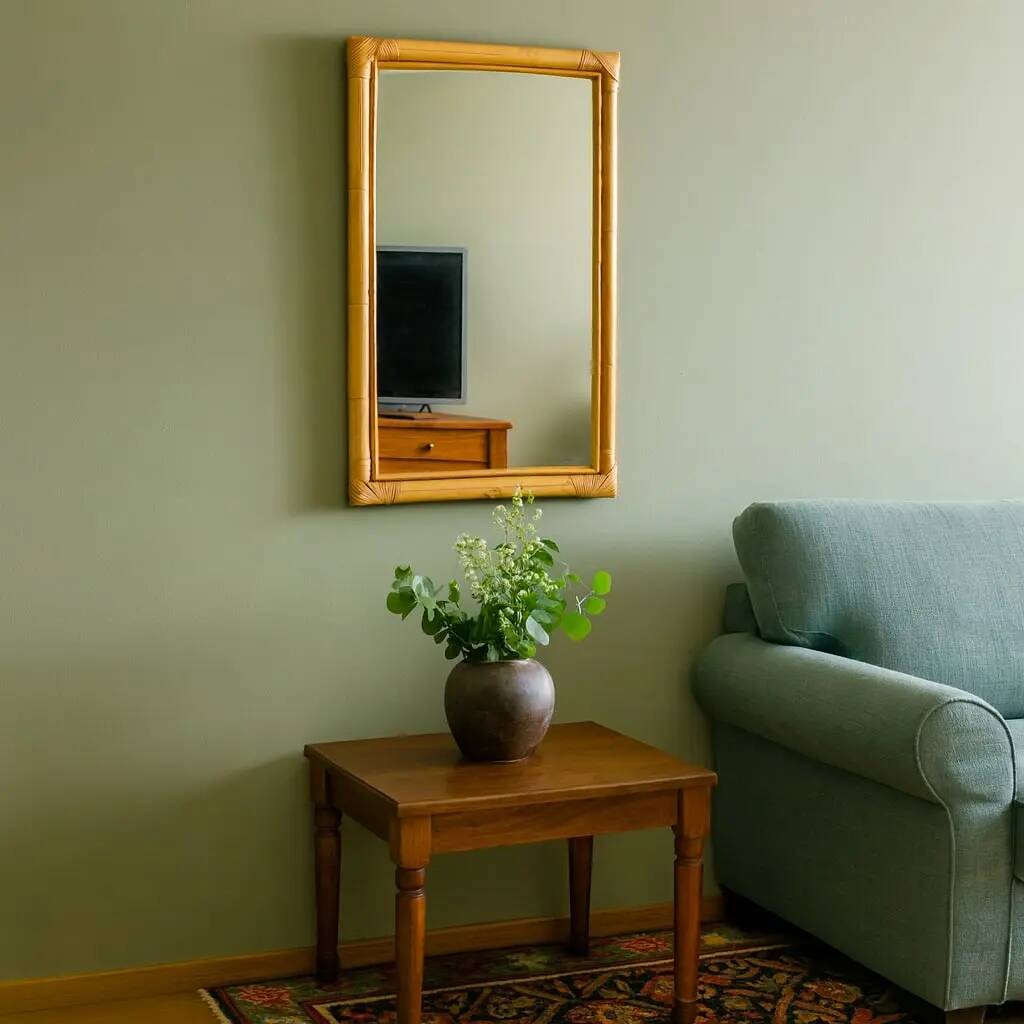 Vintage mirror design with bamboo and wicker frame, Italy, 1980s.