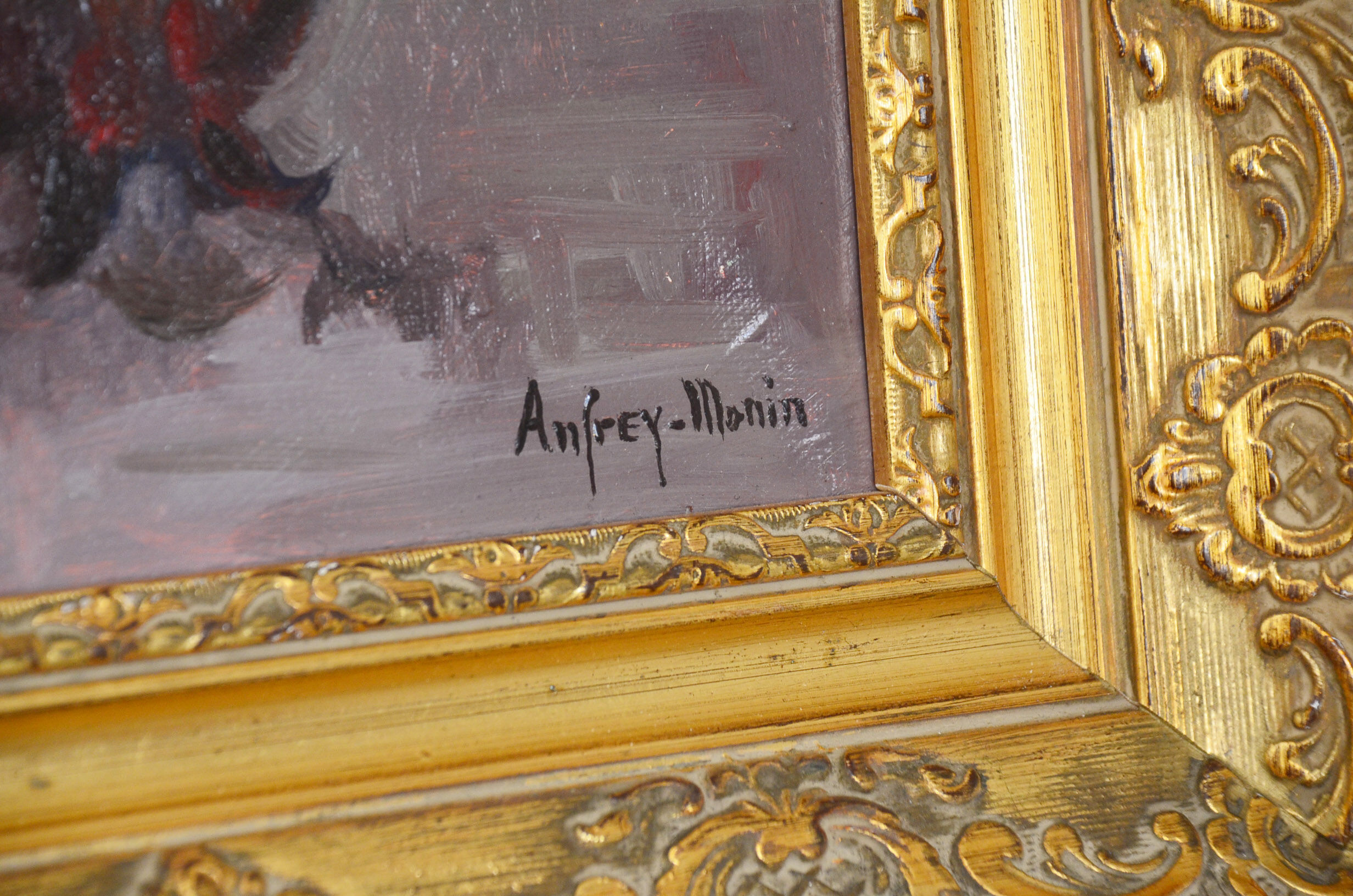 Oil on still-life canvas bouquet of flowers by Anfrey-Monin