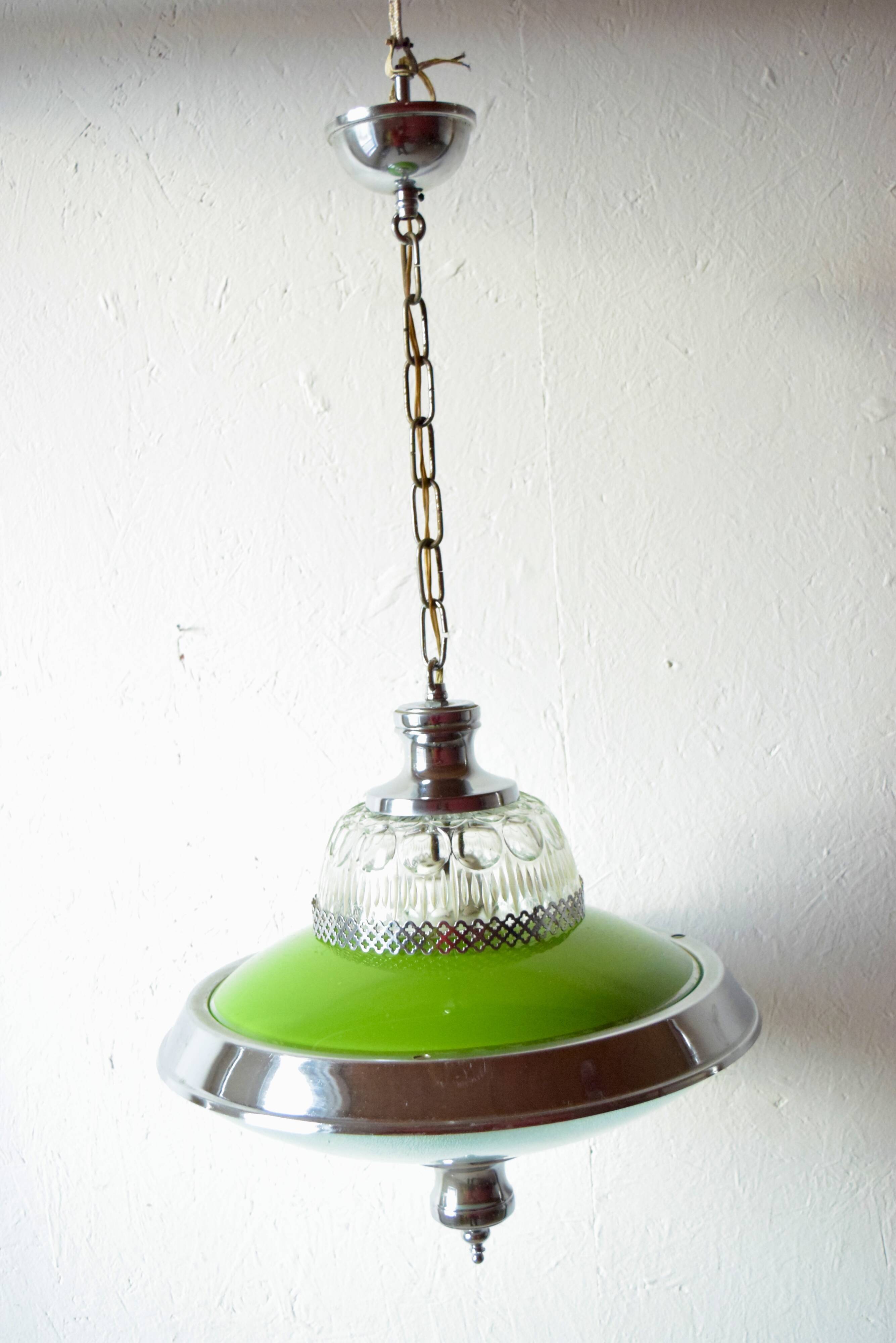 Vintage green glass and chrome metal pendant light