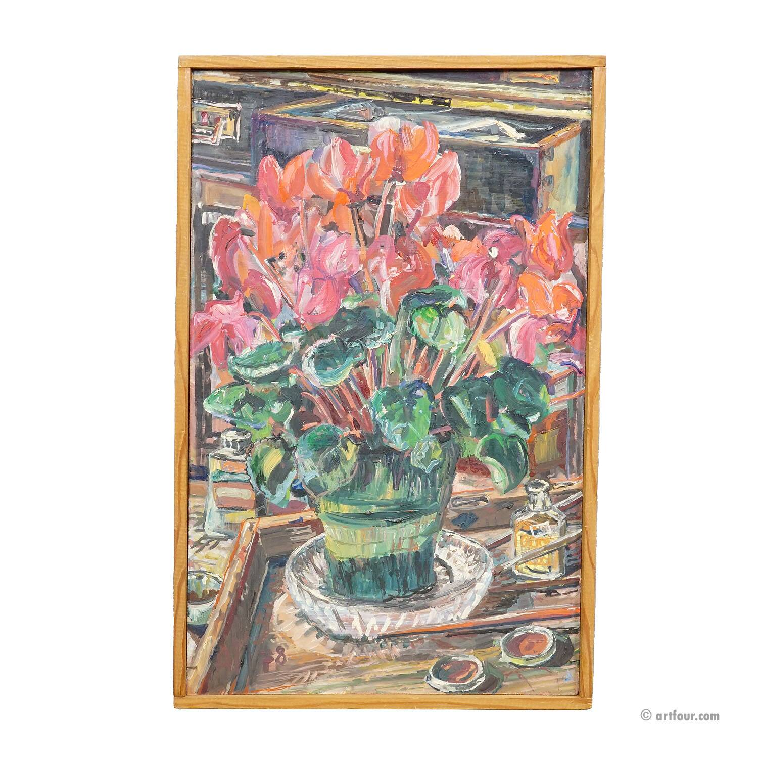 Oil painting by Alexander Michael of cyclamen (Alpenveilchen), 1978