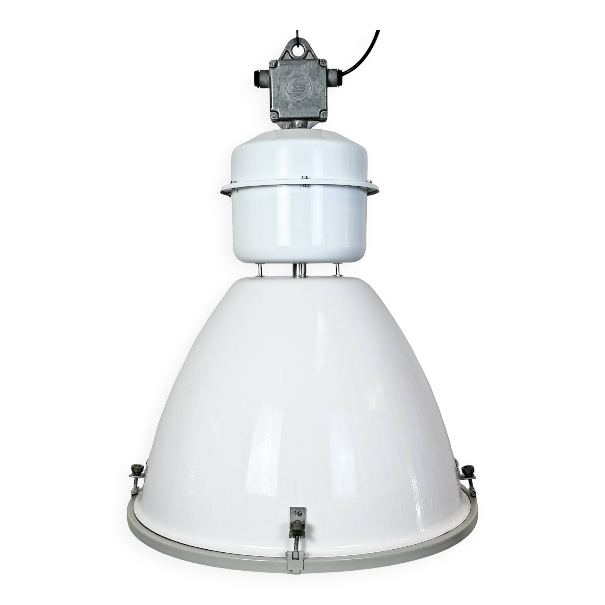 Large White Enamel Industrial Factory Lamp with Glass Cover, 1990s