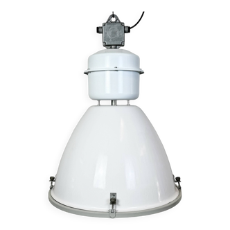 Large White Enamel Industrial Factory Lamp with Glass Cover, 1990s