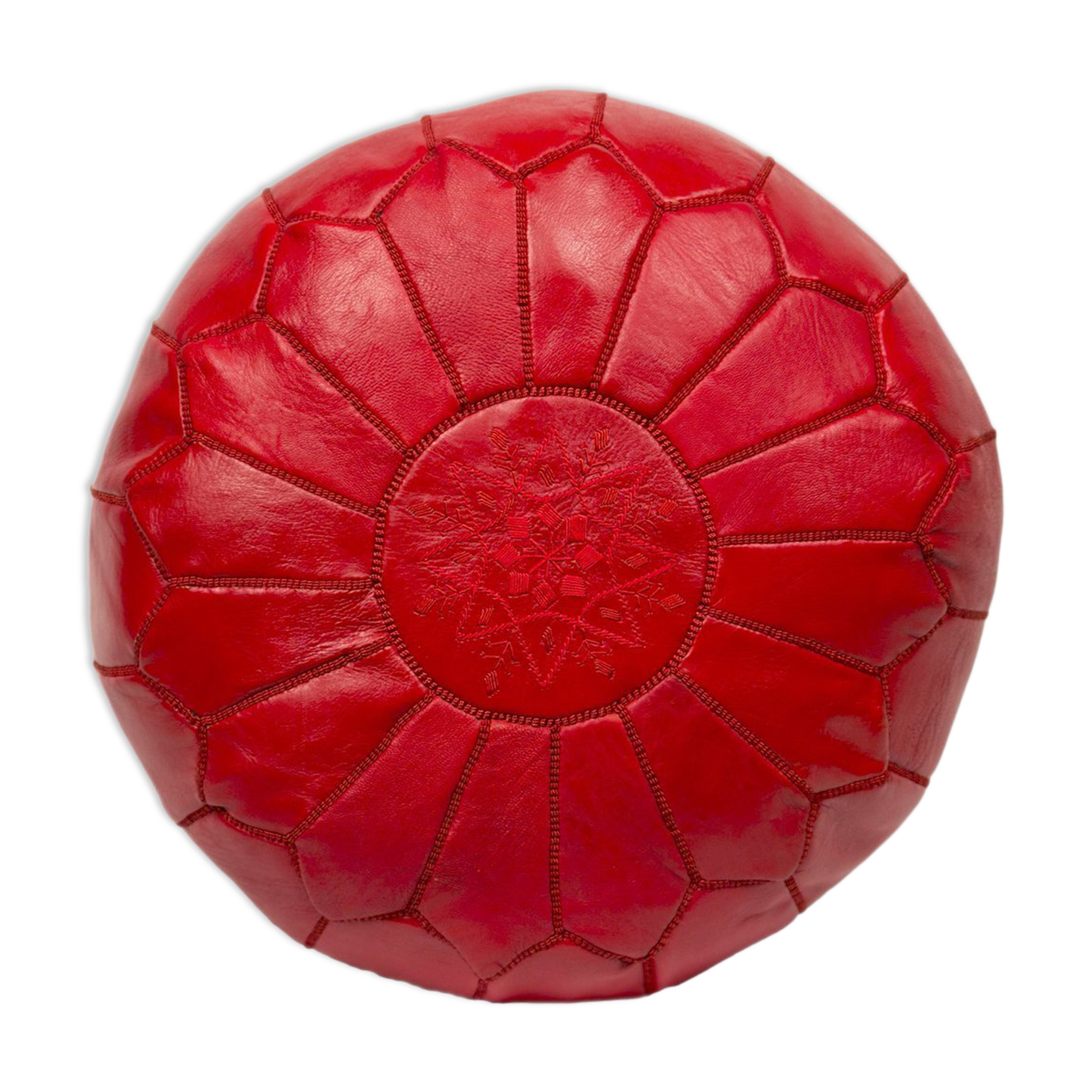 Red leather Pouf - handmade Morocco D 53cm x H 32cm