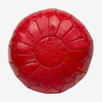 Red leather Pouf - handmade Morocco D 53cm x H 32cm