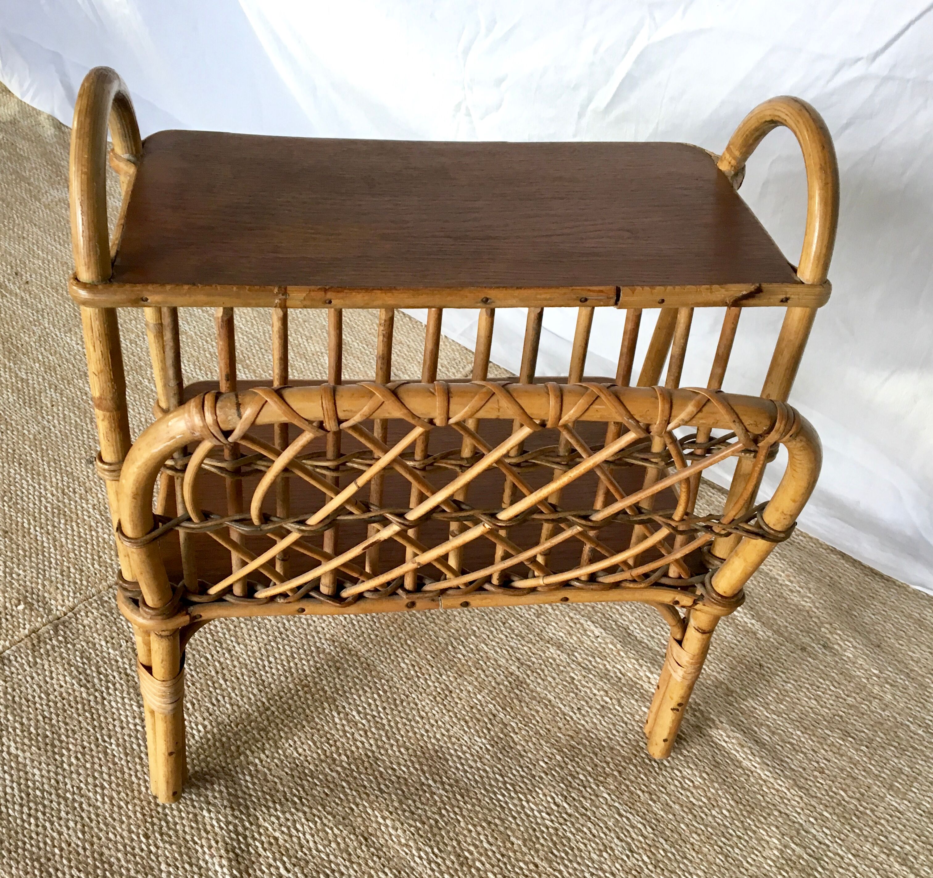 Side table with rattan magazines rack