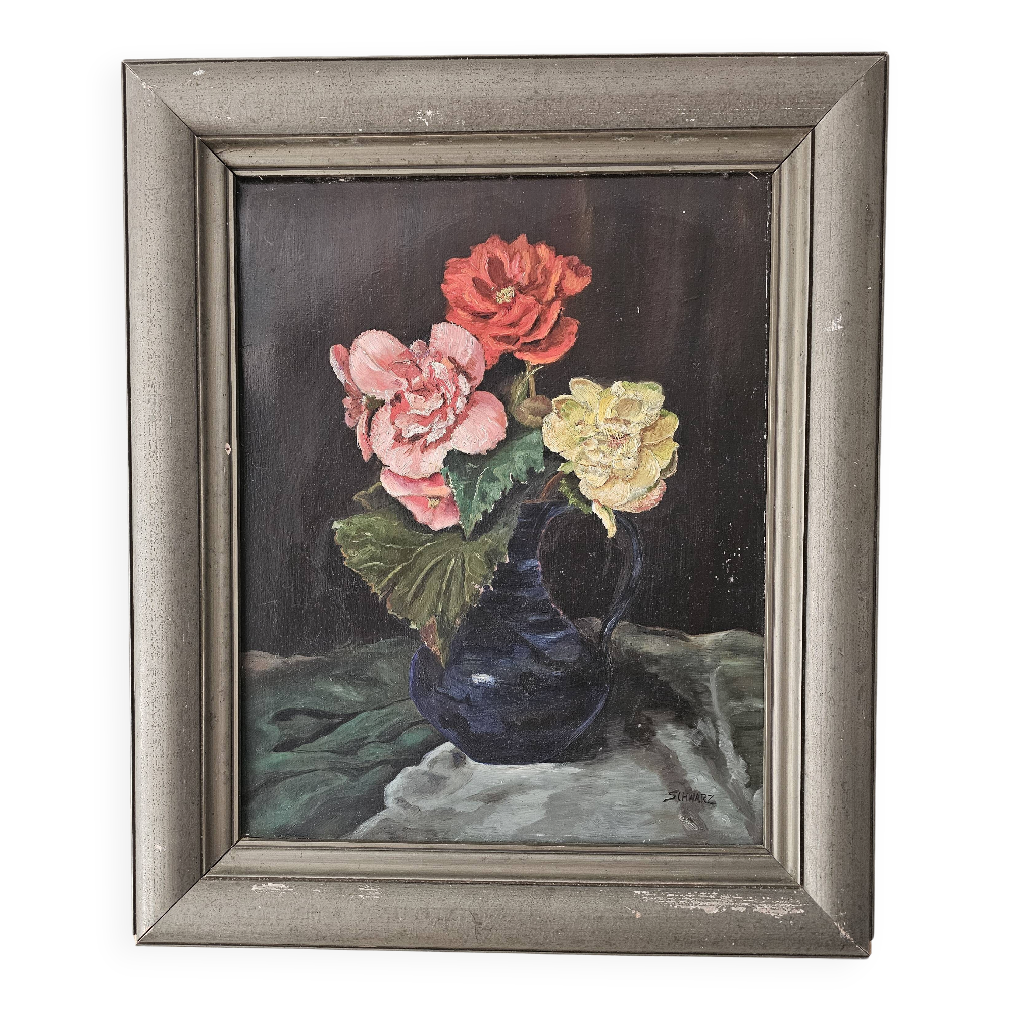 Tableau Huile sur Panneau Nature morte - bouquet de Roses Signé Schwarz
