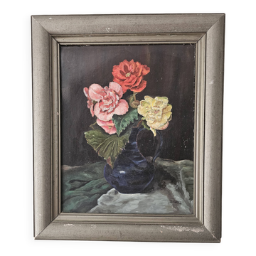 Oil Painting on Panel Still Life - Bouquet of Roses Signed Schwarz