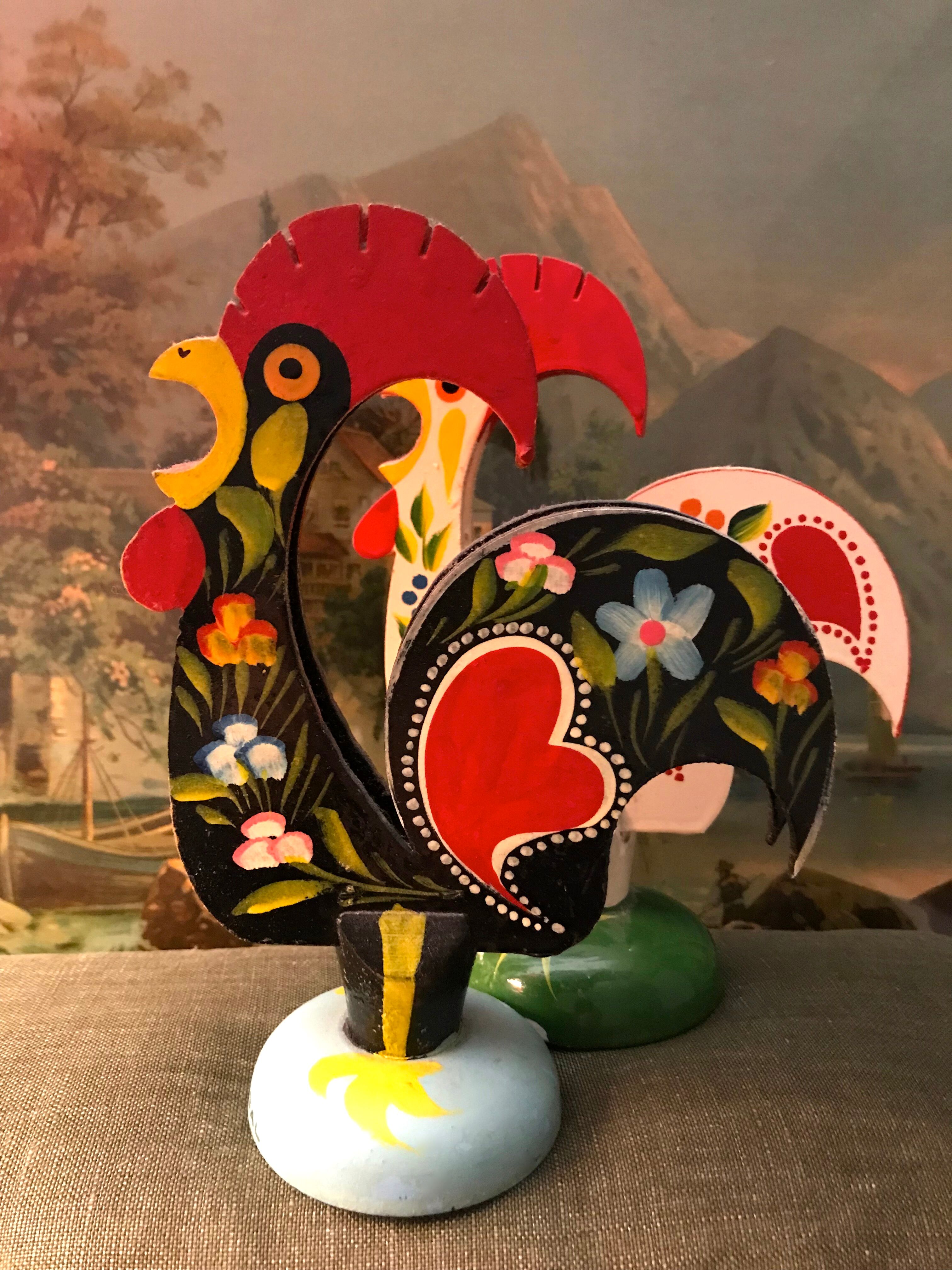 Retro wooden roosters vintage red green black and white Portugal