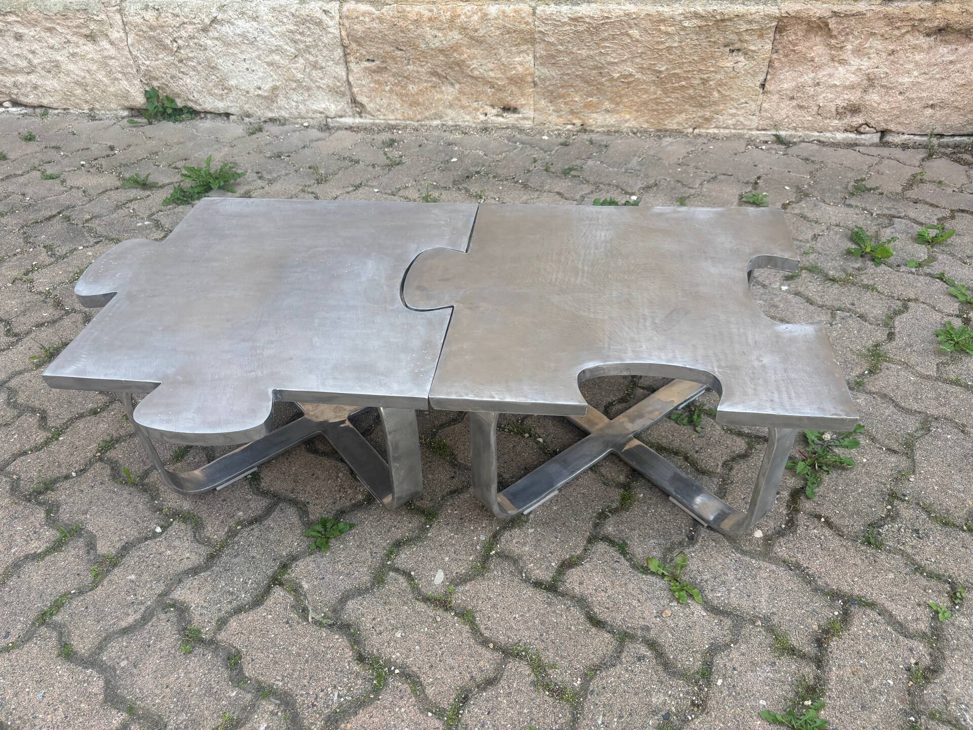 Pair of uniquely designed handmade puzzle coffee tables