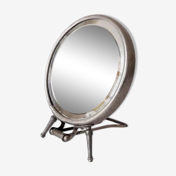 Miroir rond biseauté réglable vintage et grossissant dans un cadre métallique pour table ou mur