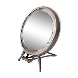 Vintage Adjustable Beveled Round Mirror and Magnifying in Metal Frame for Table or Wall.