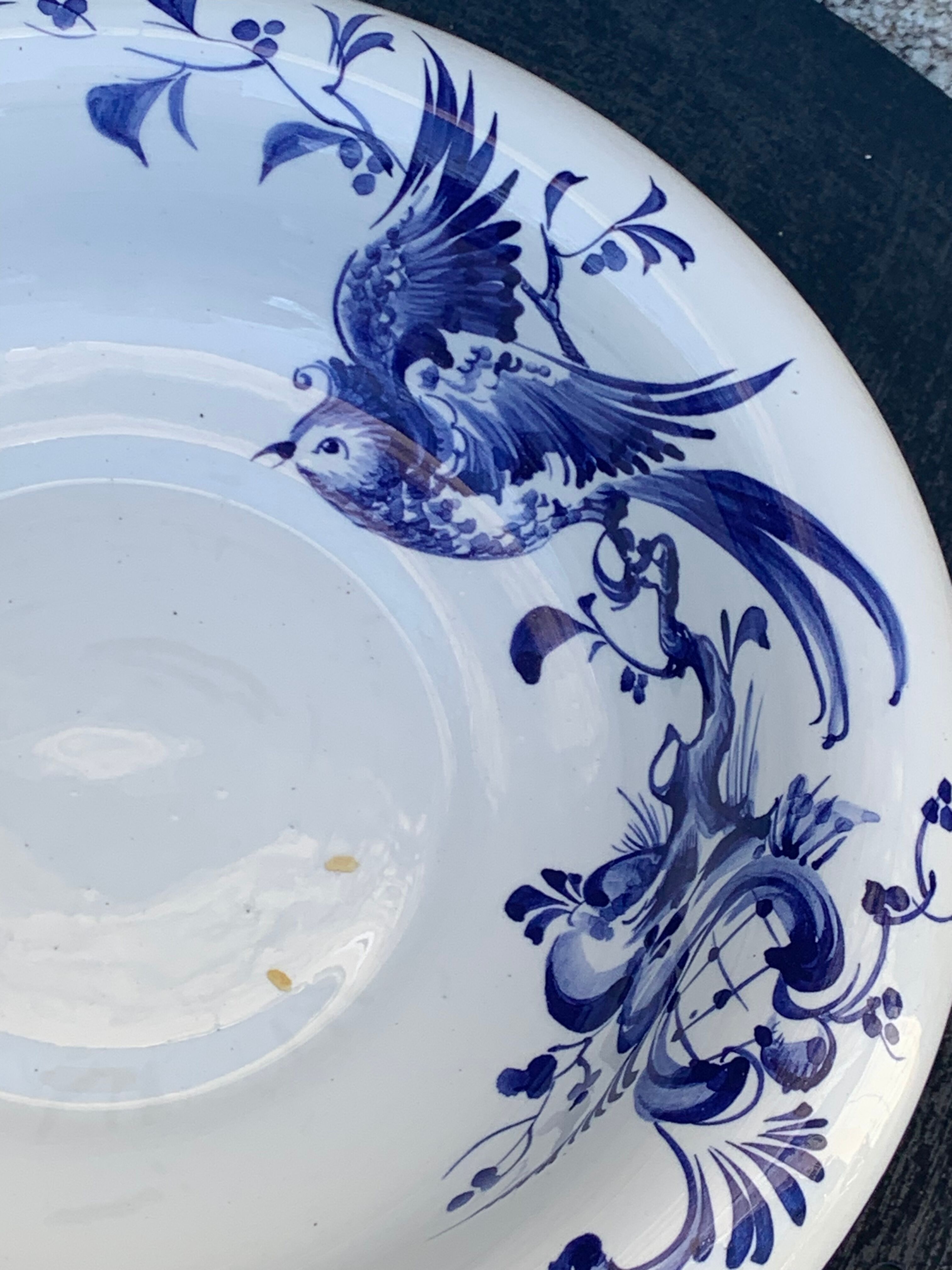 Hollow dish in enameled ceramic bird pattern hand painted Portugal numbered