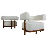 Contemporary Pair of Italian Armchairs, Wood and White Boucle Fabric