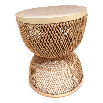Nomadic rattan table with zellige top