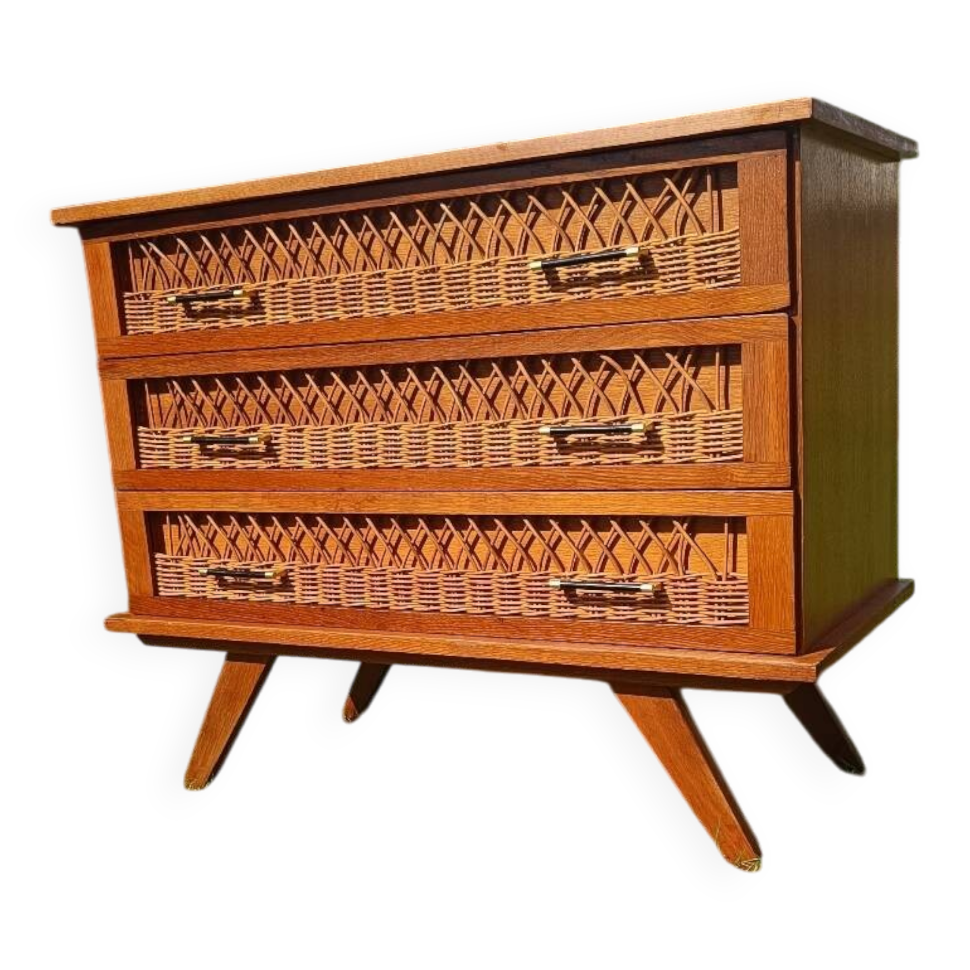 Rattan and wood splayed-leg chest of drawers