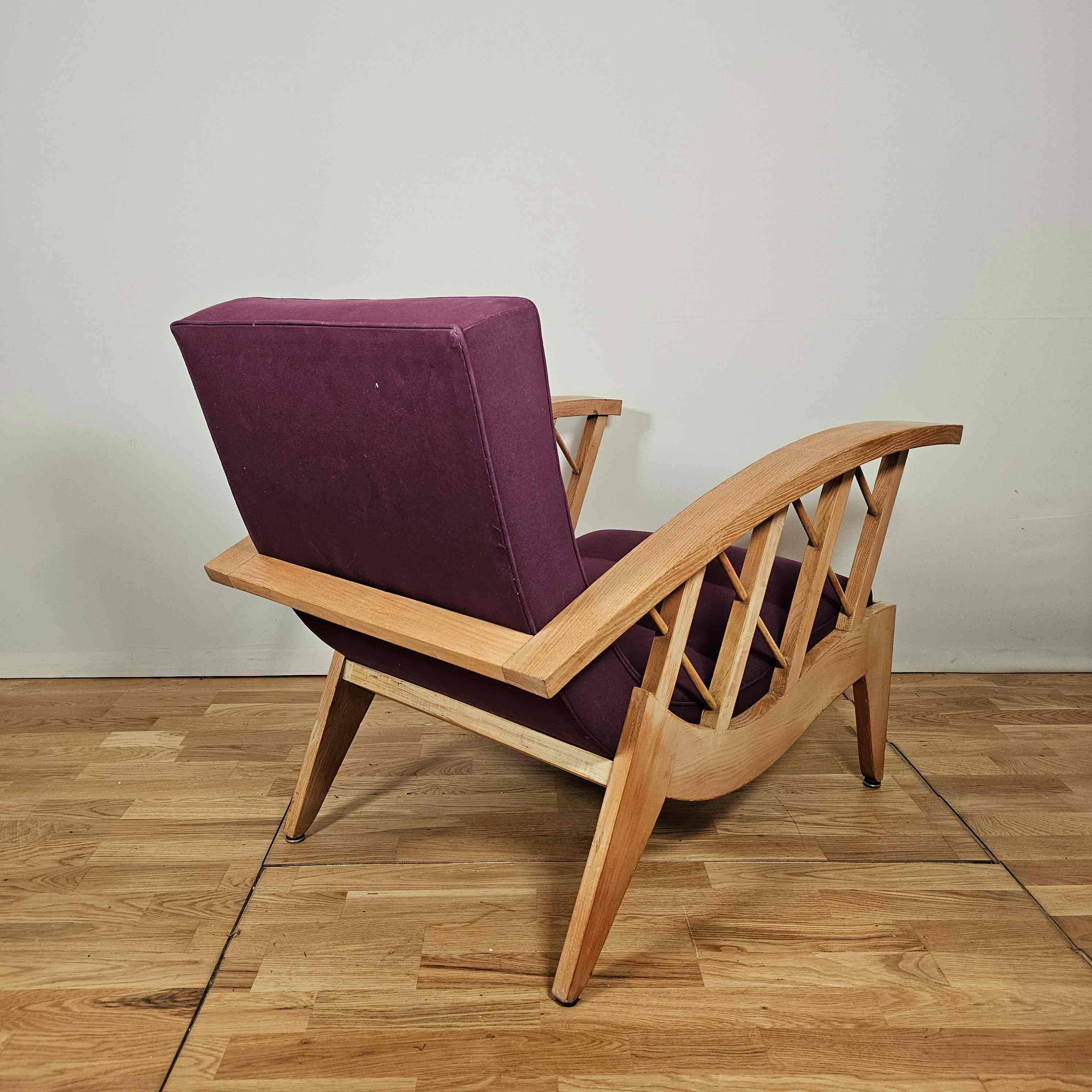 Pair of large armchairs with crossbars, circa 1950, Canovas fabric embroidered by Lesage