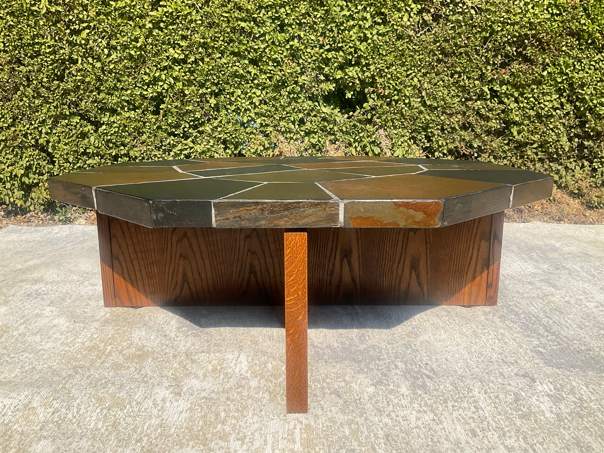 Brutalist octagonal coffee table from the 1970s in solid oak and slate.