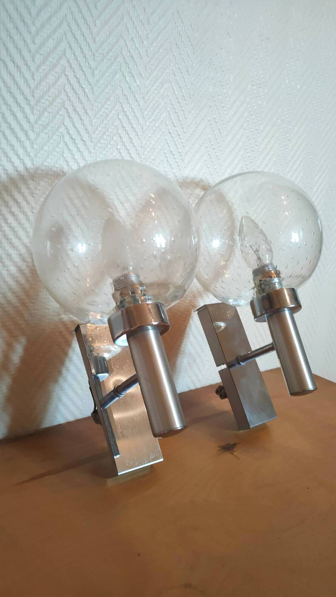 Pair of bubbled glass and inox wall lamps Doria Leuchten design 70s