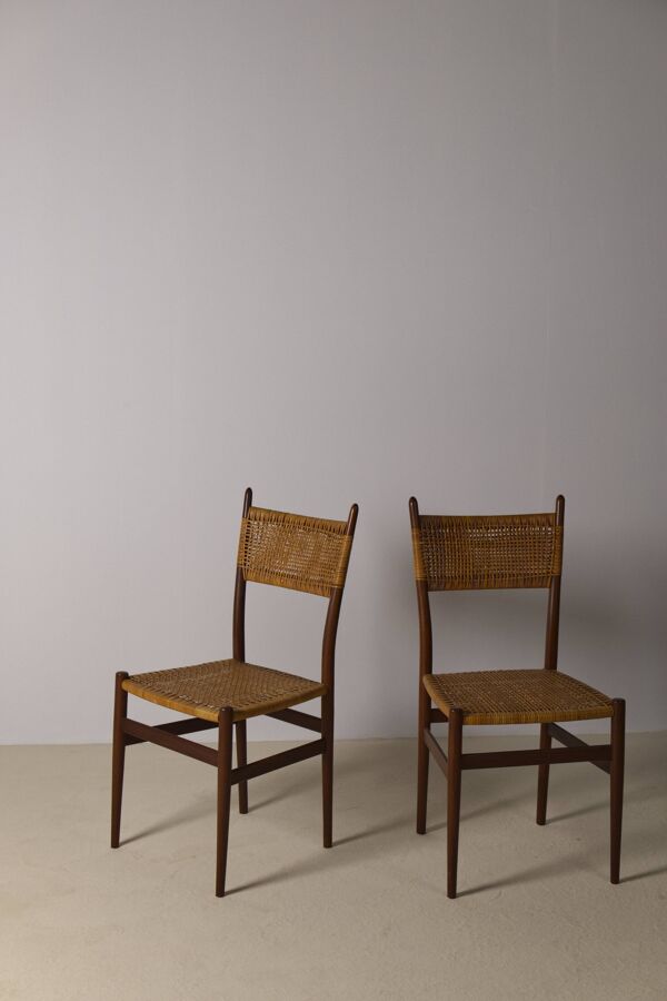 Ensemble de 4 chaises de salle à manger italiennes en teck et rotin