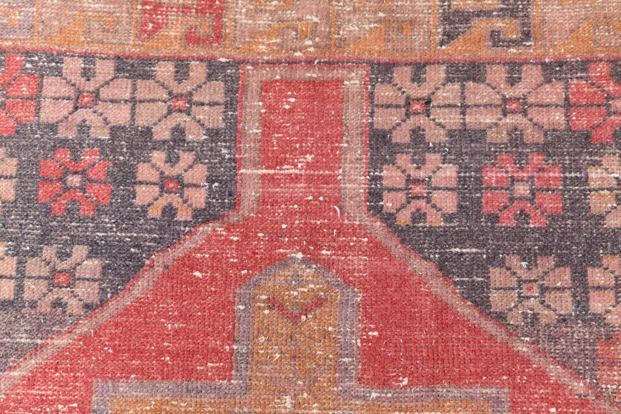 4x7 Vintage Pale Red Geometric Turkish Rug, 117x228Cm