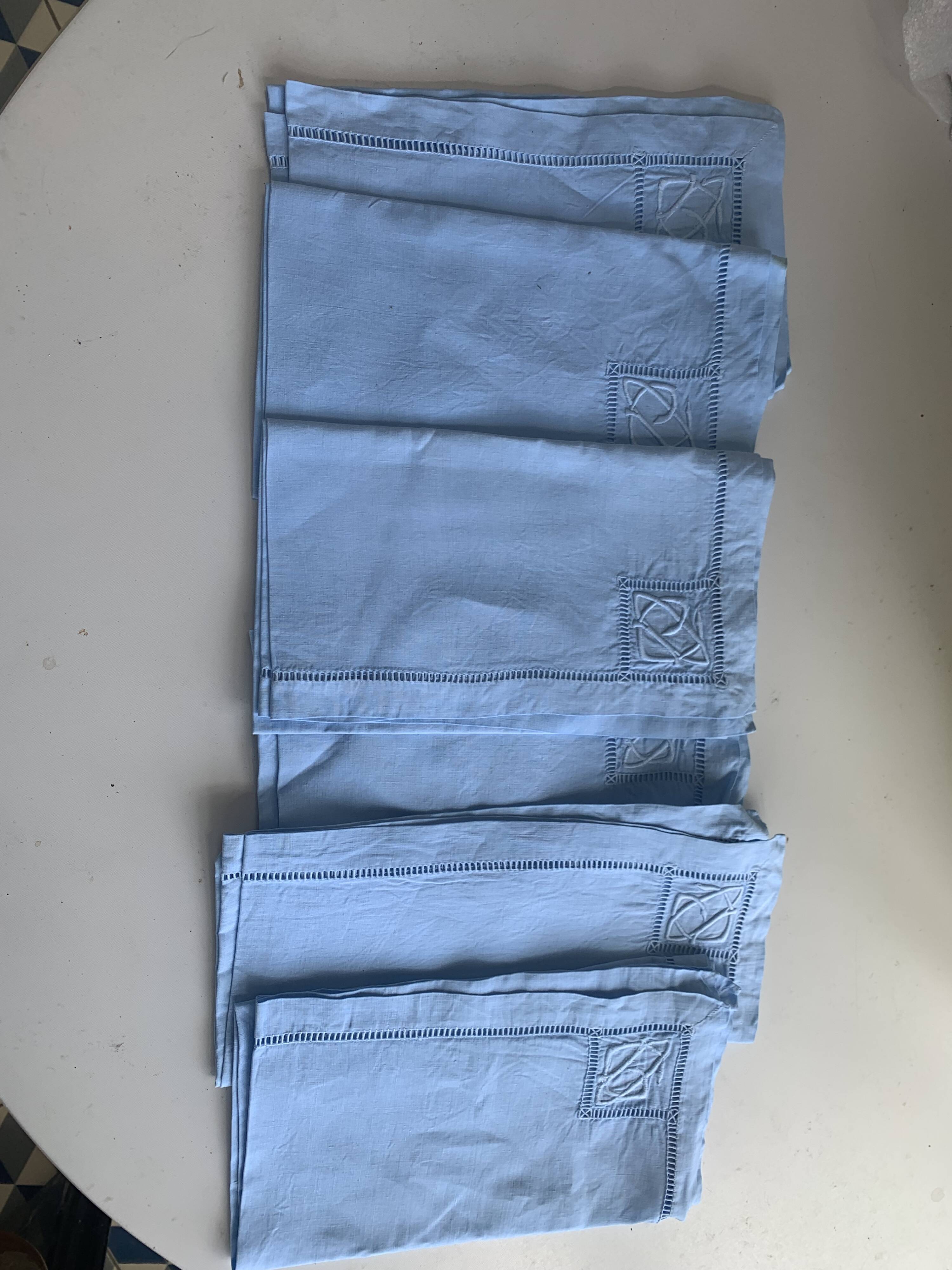6 cotton and linen napkins, pastel blue, embroidered, OG monograms,