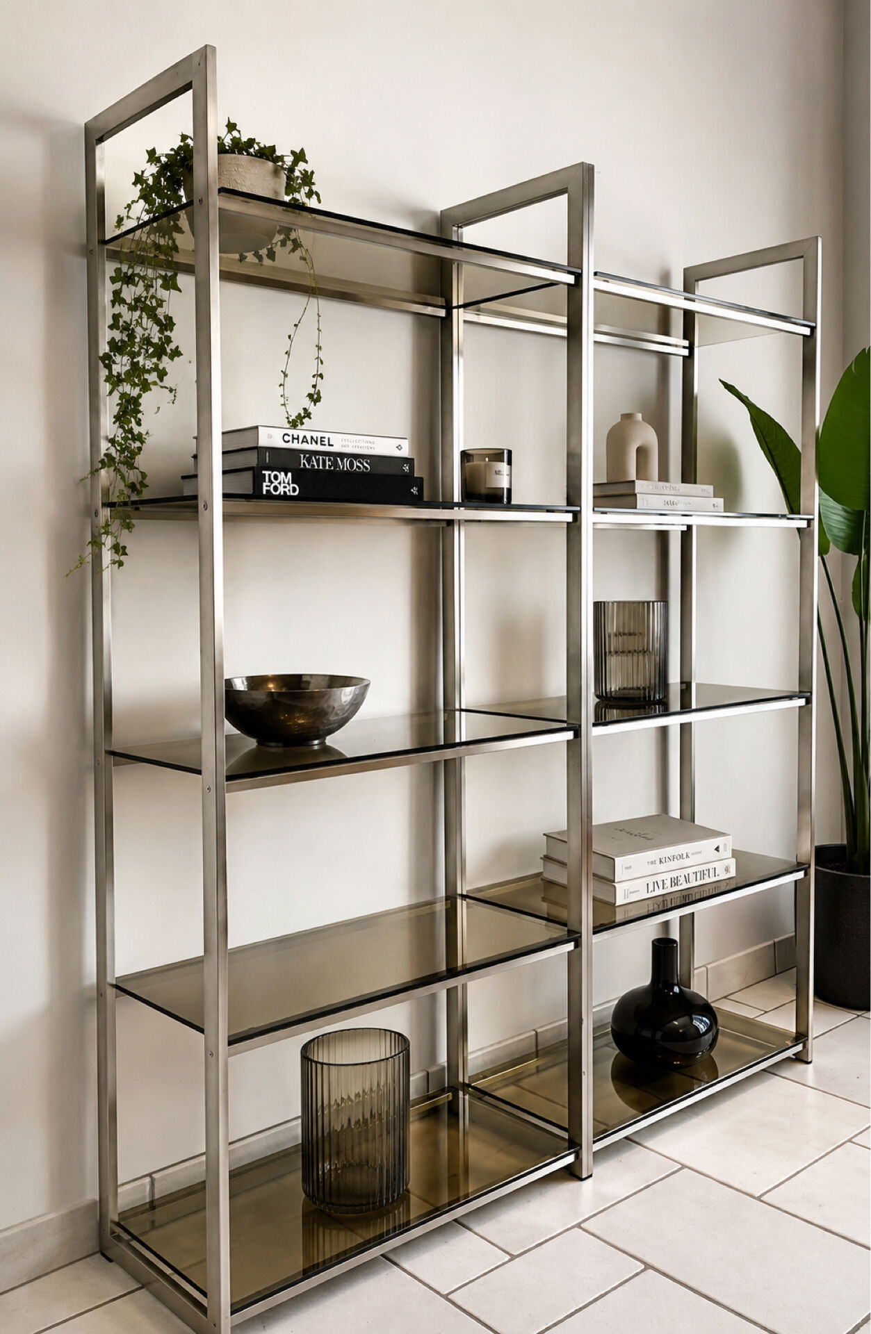 Pair of Artelano bookshelves in anodised metal and smoked glass, 1970s.