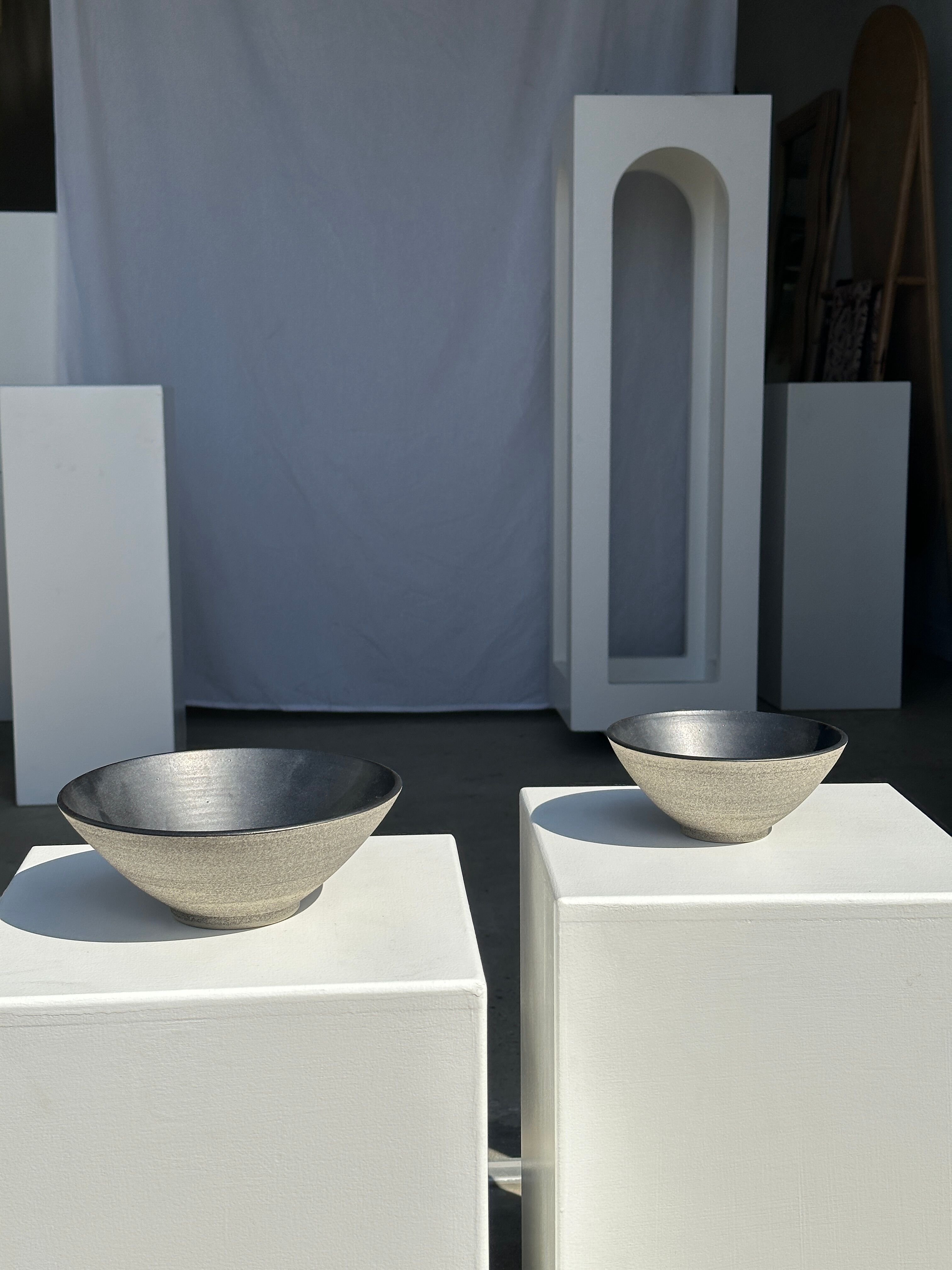 Duo of gray Indonesian ceramic bowls or salad bowls