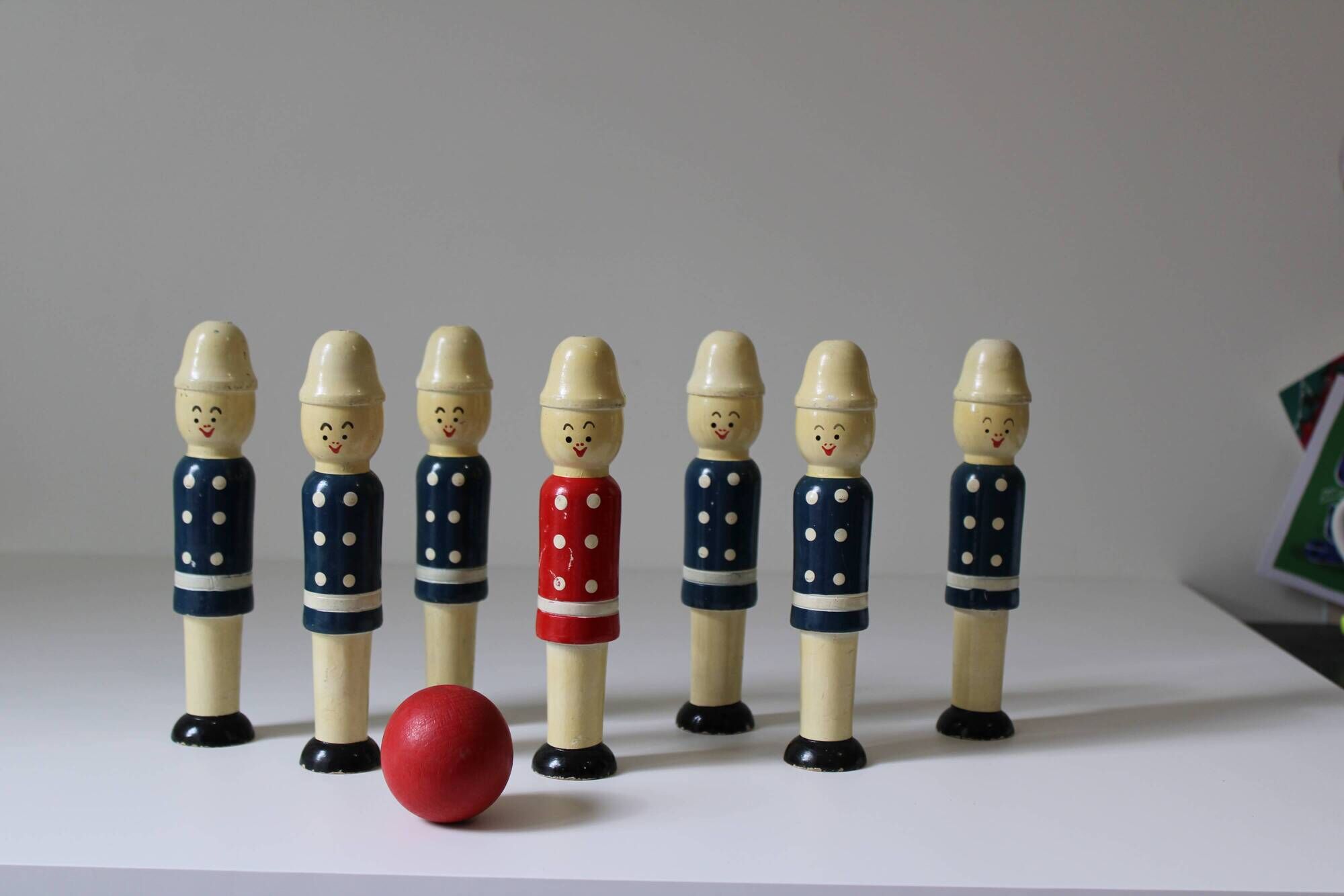 Vintage 1970s wooden soldier bowling set or bowling alley