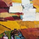 Mid-Century Modern Swedish "On the Fields" Vintage Swedish Figurative Oil Painting, Framed