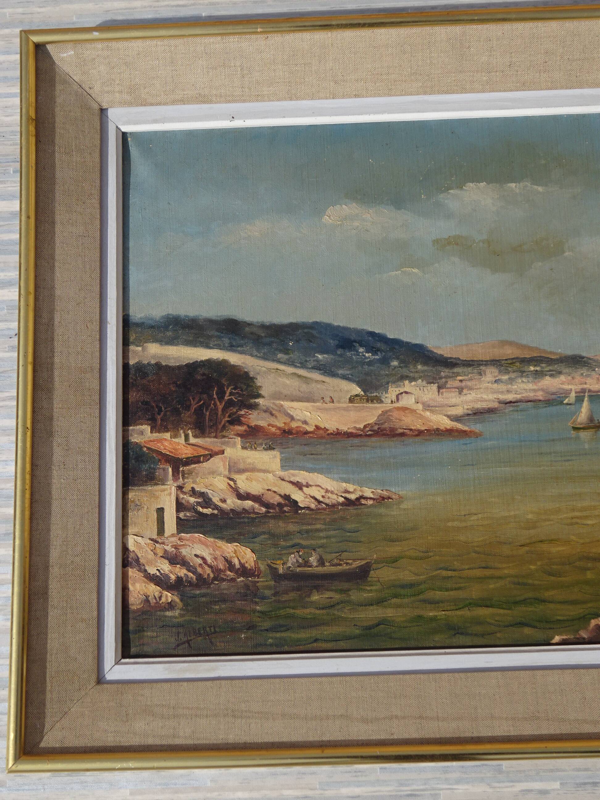Huile sur toile du XIXème siècle, calanques, Méditerranée